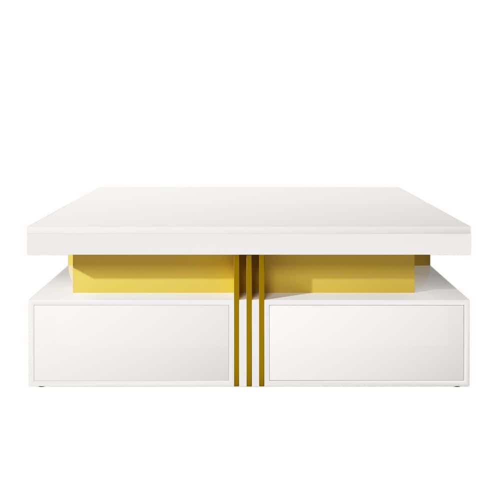 White square MDF coffee table with yellow accents.