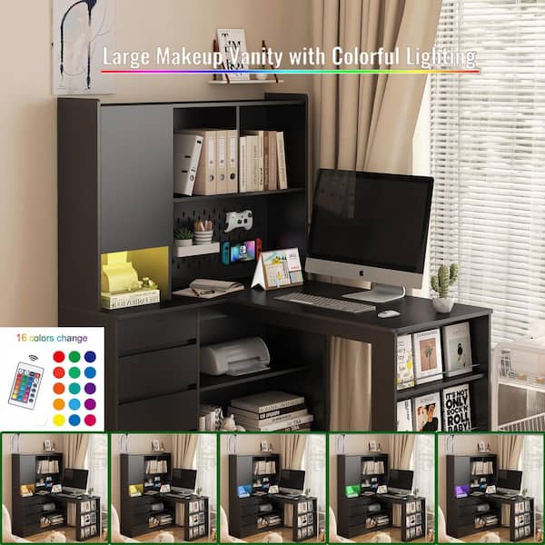 46 in. L-Shaped Black Wood 4-Drawer Computer Desk with Open Shelves and Charging Station