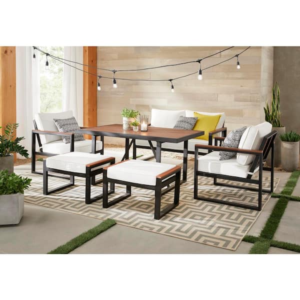 West Park Black Aluminum Outdoor Patio Ottoman with CushionGuard White Cushion 2 Pack