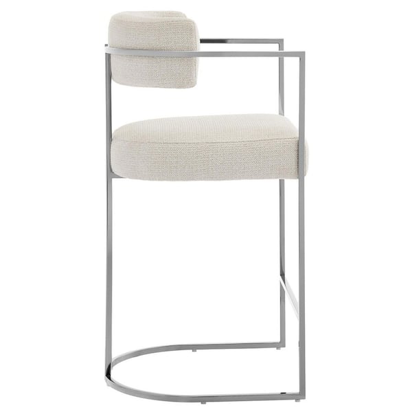 Huron Modern Barrel Counter Stool with Sled Base in Silver Cream - Fabric Upholstered Curved Back Stool with Metal Frame