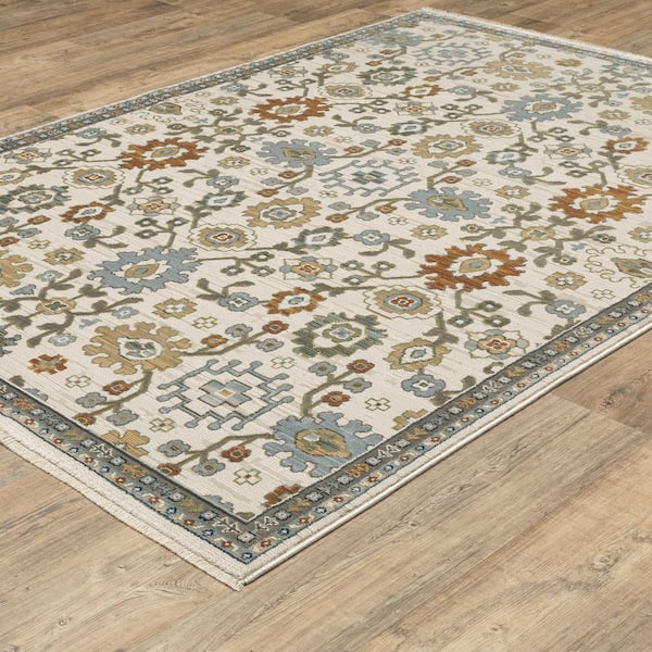 Key Ivory/Multi 8 ft. x 11 ft. Oriental Floral Polyester Fringed-Edge Indoor Area Rug