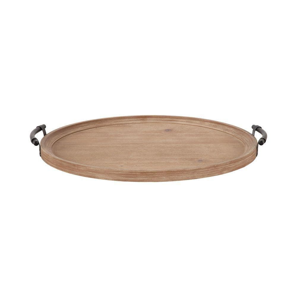 Bruillet Rustic Brown Round Wood Ottoman Tray with Black Metal Handles