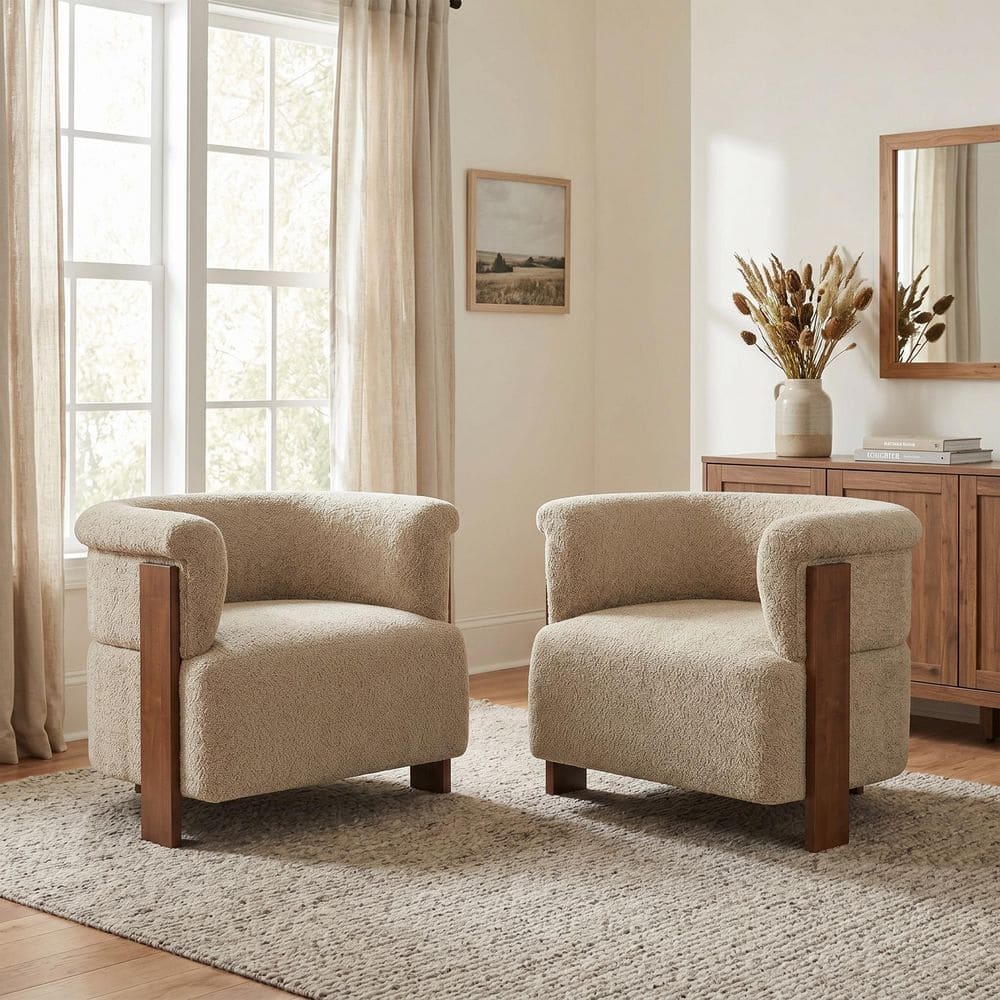 Modern Brown Boucle Fabric Barrel Accent Arm Chair with Solid Wood Legs, (Set of 2) price history on PriceWatchPro