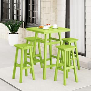 Laguna 5-Piece Fade Resistant HDPE Plastic Outdoor Patio Square Bar Height Pub Set, Matching Barstools in Lime