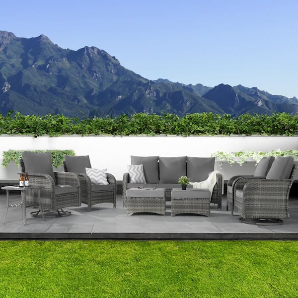 SANSTAR 8-Piece Patio Furniture Outdoor Sofa Set with High Back Swivel Rocking Chairs and Ottomans, Gray