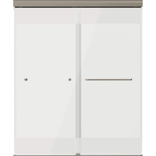 Portwood 52 to 60 in. W x 70-1/4 in. H Semi-Frameless Sliding Shower Door in Nickel with 1/4 in. Privacy Glass