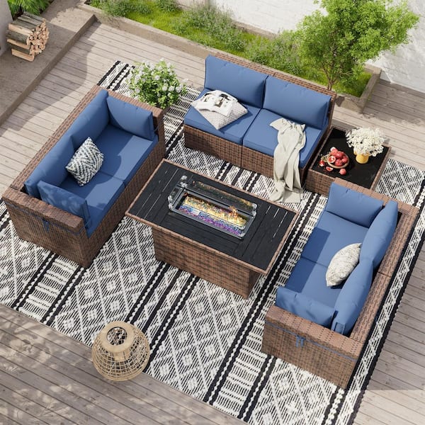 8 Piece Brown Wicker Outdoor Sectional Set with Fire Pit Table, Coffee Tables and Navy Cushions