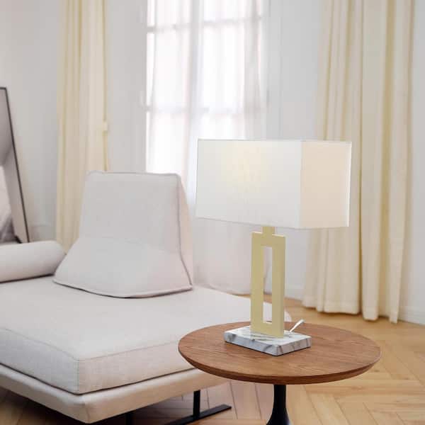 D'Alessio 20 in. Gold Table Lamp with White Linen Shade and Faux Marble Base, CEC Title 20 LED Bulb Included