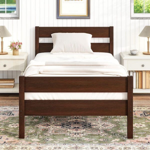 Dark Brown Wood Frame Twin Size Platform Bed with Headboard and Footboard