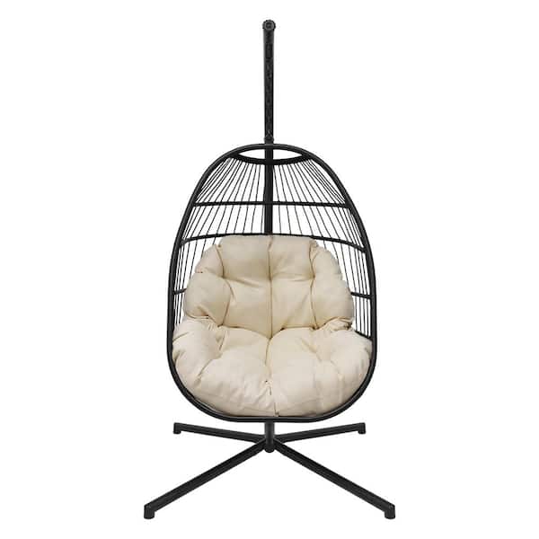 Wicker Hanging Basket Outdoor Swing Chair with Beige Cushion and Black Stand