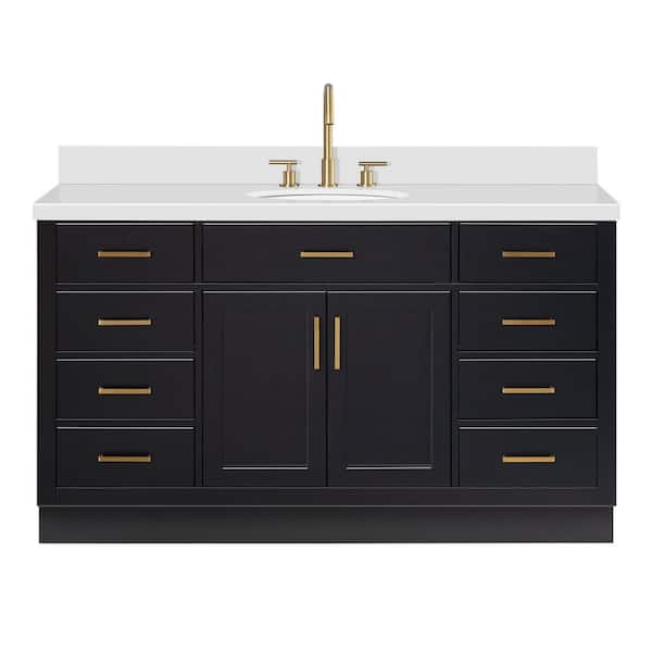 Hepburn 61 in. W x 22 in. D x 36 in. H Single Sink Freestanding Bath Vanity in Black with Pure White Quartz Top