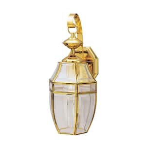 1-Light Polished Brass on Solid Brass Steel Exterior Wall Lantern Sconce with Clear Curved Beveled Glass Panels