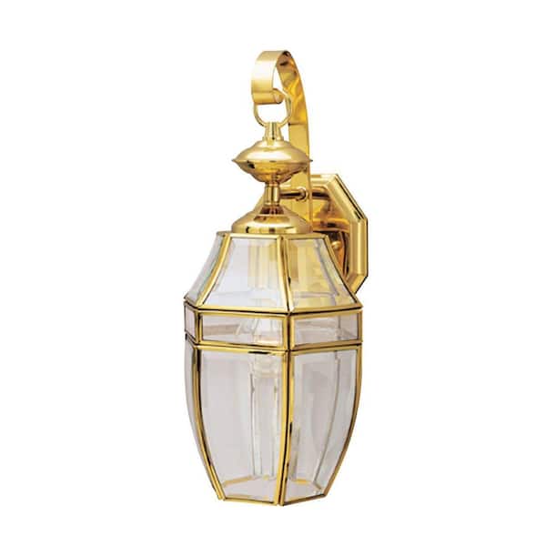 Westinghouse 1-Light Polished Brass on Solid Brass Steel Exterior Wall Lantern Sconce with Clear Curved Beveled Glass Panels