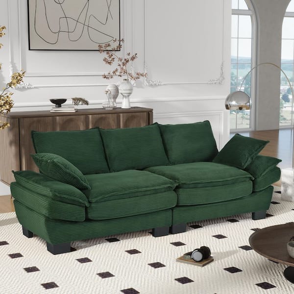 Ultimate Comfort 85.4 in. Flared Arm Corduroy Fabric Rectangle Modern Sofa in Dark Green with 2-Decorative Throw Pillows