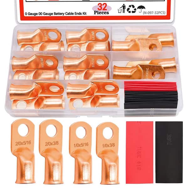 Heavy Duty Copper Lugs 1/0 AWG 2/0 AWG 0 Gauge 00 Gauge with Heat Shrink Tube 5/16" and 3/8" - 32-Pack