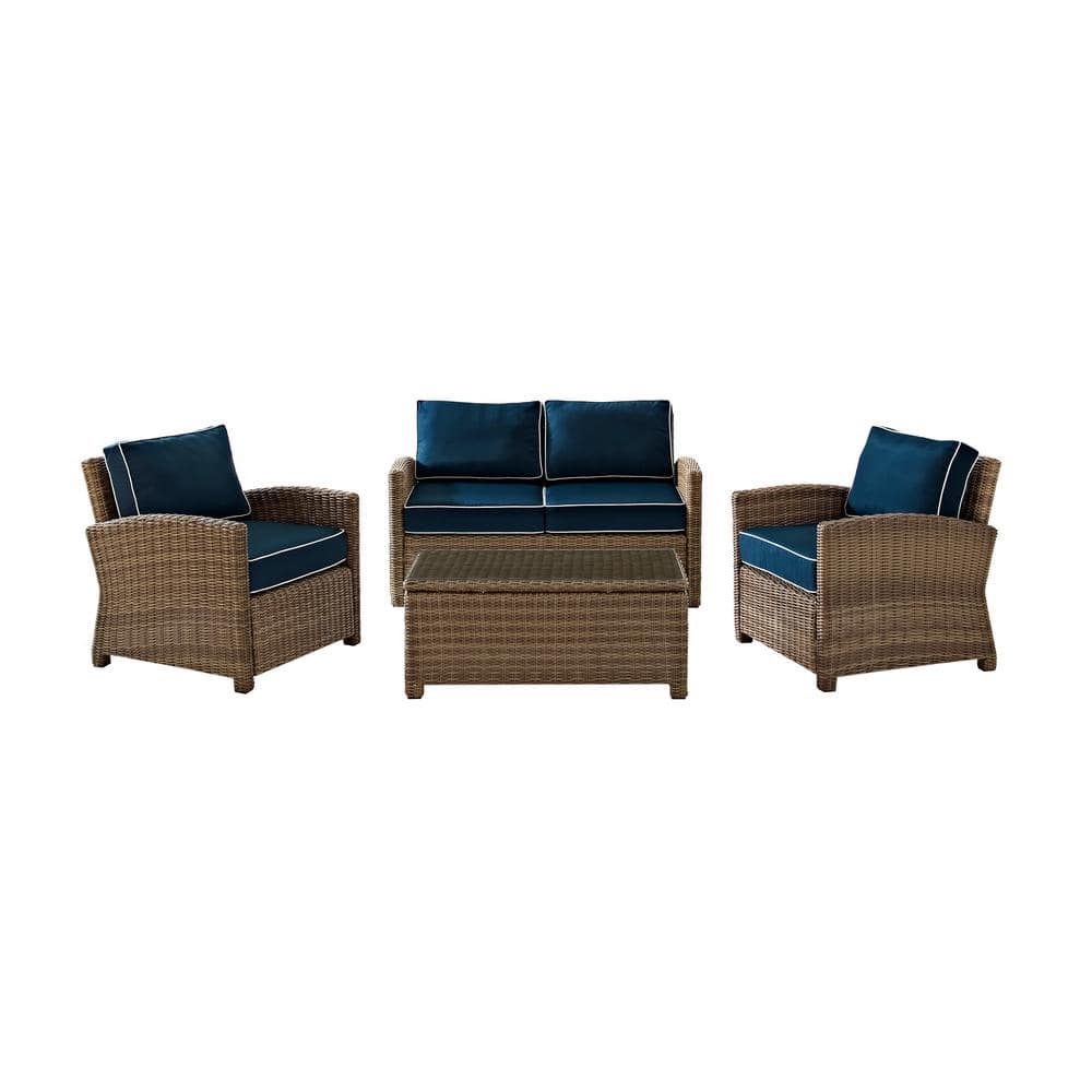 Navy and Brown 4-Piece Wicker Patio Loveseat Set
