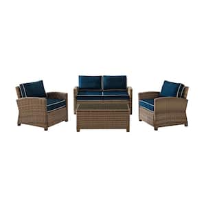 Bradenton 4-Piece Outdoor Wicker Seating Set with Navy Cushions - Loveseat, 2 Arm Chairs and Glass Top Table