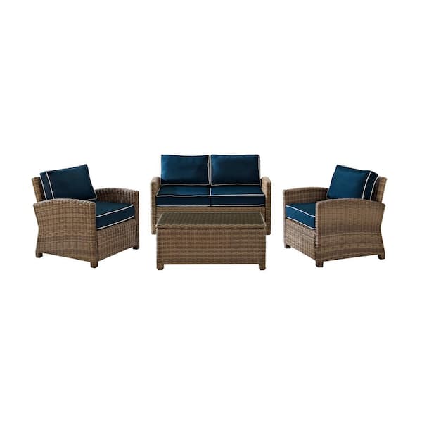 Bradenton 4-Piece Outdoor Wicker Seating Set with Navy Cushions - Loveseat, 2 Arm Chairs and Glass Top Table