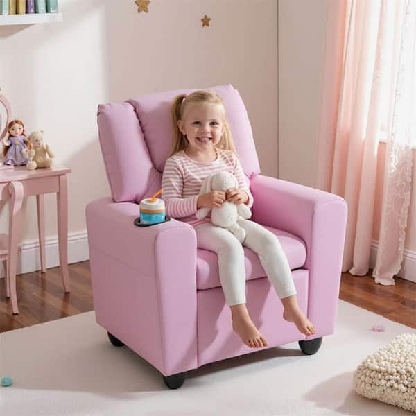 Pink Kids Recliner Chair with Cup Holder and Side Pocket Adjustable Backrest Footrest