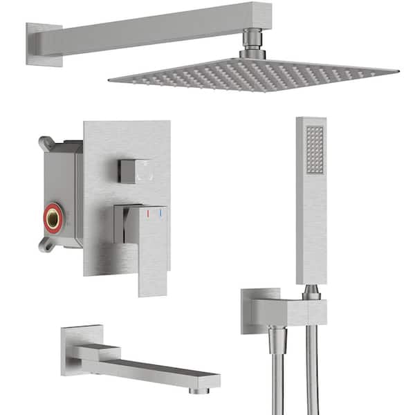 Single-Handle 3-Spray Hand Shower Tub and Shower Faucet with 12 in. Wall Mount Rain Shower Heads in Brushed Nickel