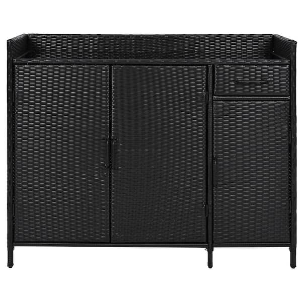 Sudzendf 47.5 in. W x 15.8 in. D x 39.5 in. H Black Brown Wicker Outdoor Storage Cabinet with Tempered Glass Desktop, 3 Doors