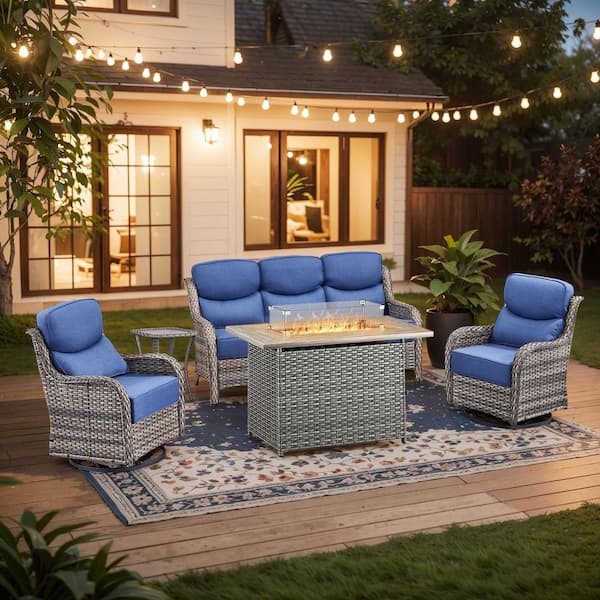 Holion 5-Piece Gray Wicker Patio Conversation Set Wicker Outdoor Fire Pit Table Sectional Seating Set with Blue Cushions