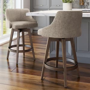 Nolan 30 in. Swivel Bar Stool - Beige and Brown Woven Polyester/Brown Wood