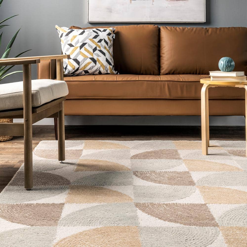 Beige and Light Gray Geometric Wool Tufted Area Rug, 5' x 8'