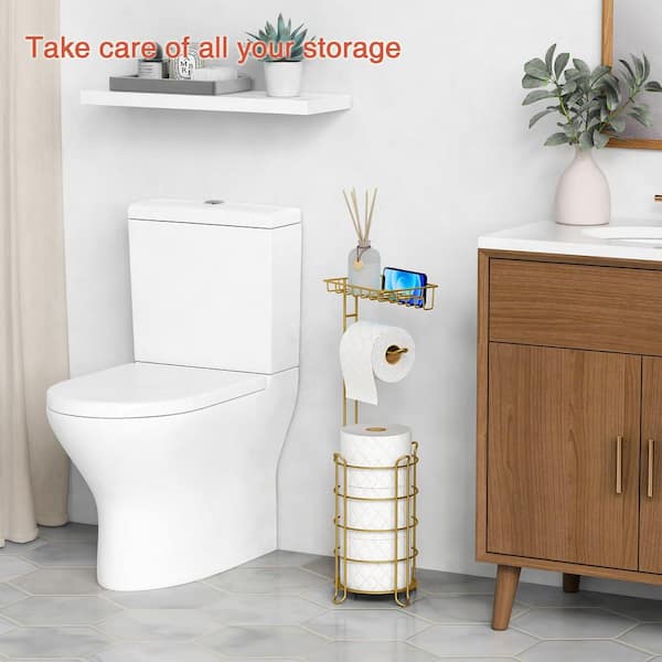 Metal Free Standing Toilet Paper Holder Stand with Phone Shelf, Floor Bathroom Tissue Holder for Large Mega Rolls, Gold