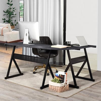 58.3 in. L-Shaped Black MDF Wooden Computer Desk Corner Workstation Study Gaming Table Home Office with Metal Tubes