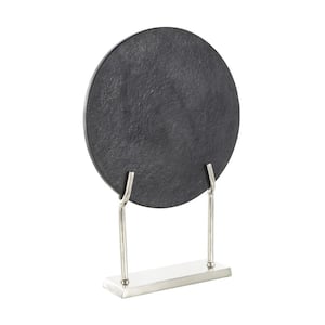 Black Marble Textured Disk Abstract Sculpture with Silver Stand