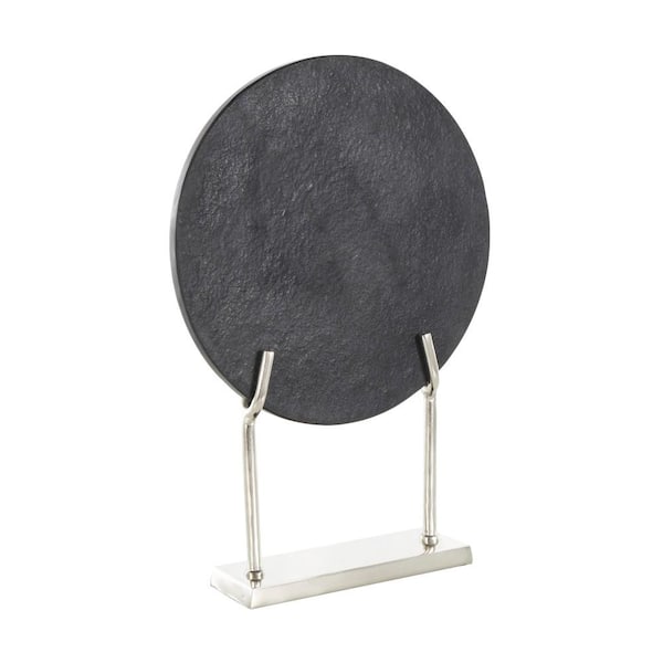 Litton Lane Black Marble Textured Disk Abstract Sculpture with Silver Stand