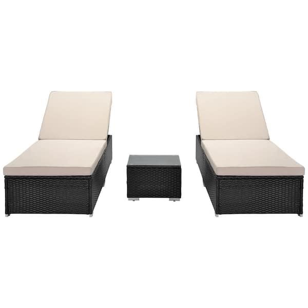 maocao hoom 3-Piece Wicker Outdoor Patio Chaise Lounge Set with Beige Cushions