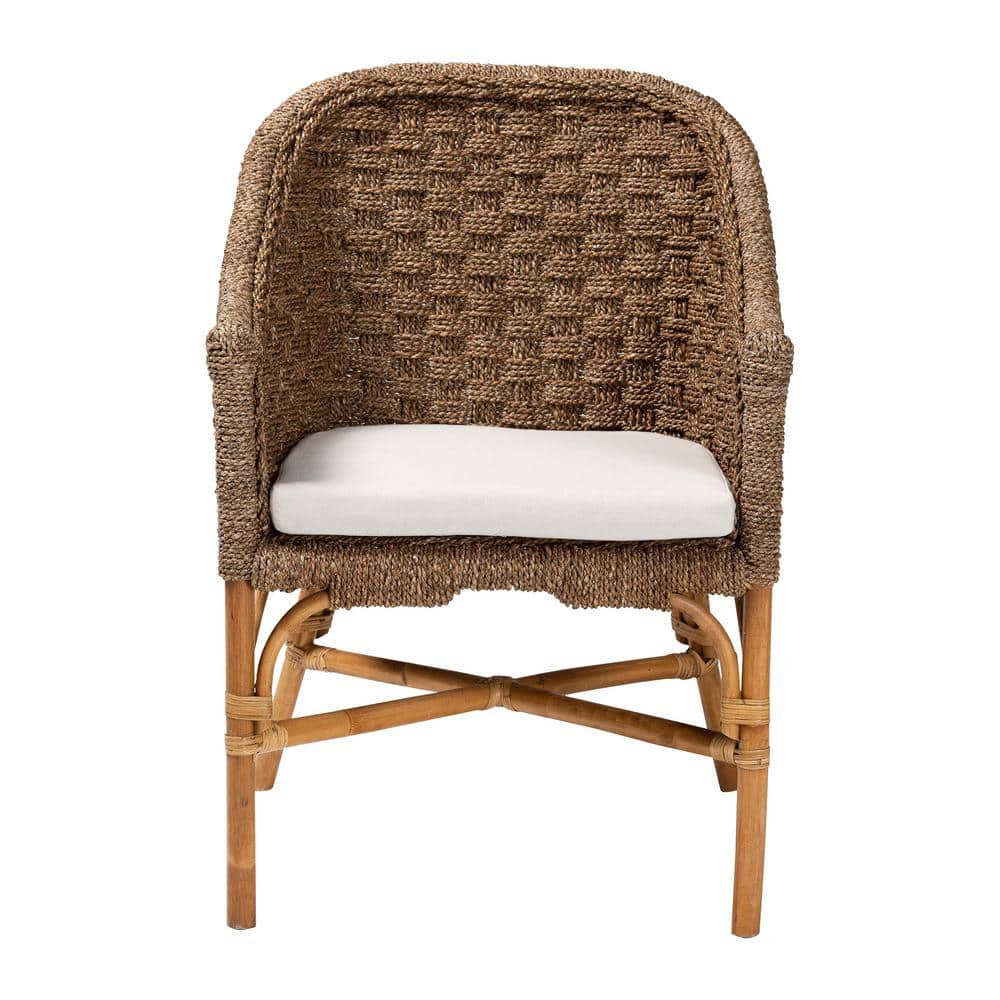 Handcrafted Brown Rattan and Seagrass Accent Chair with Cushion