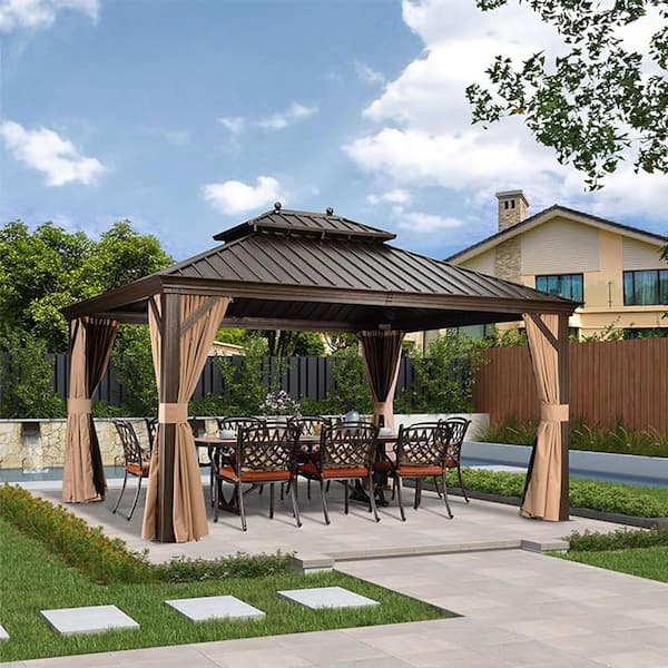 PURPLE LEAF 12 ft. x 14 ft. Bronze Aluminum Hardtop Gazebo Canopy for Patio Deck Backyard Heavy-Duty with Netting and Curtains