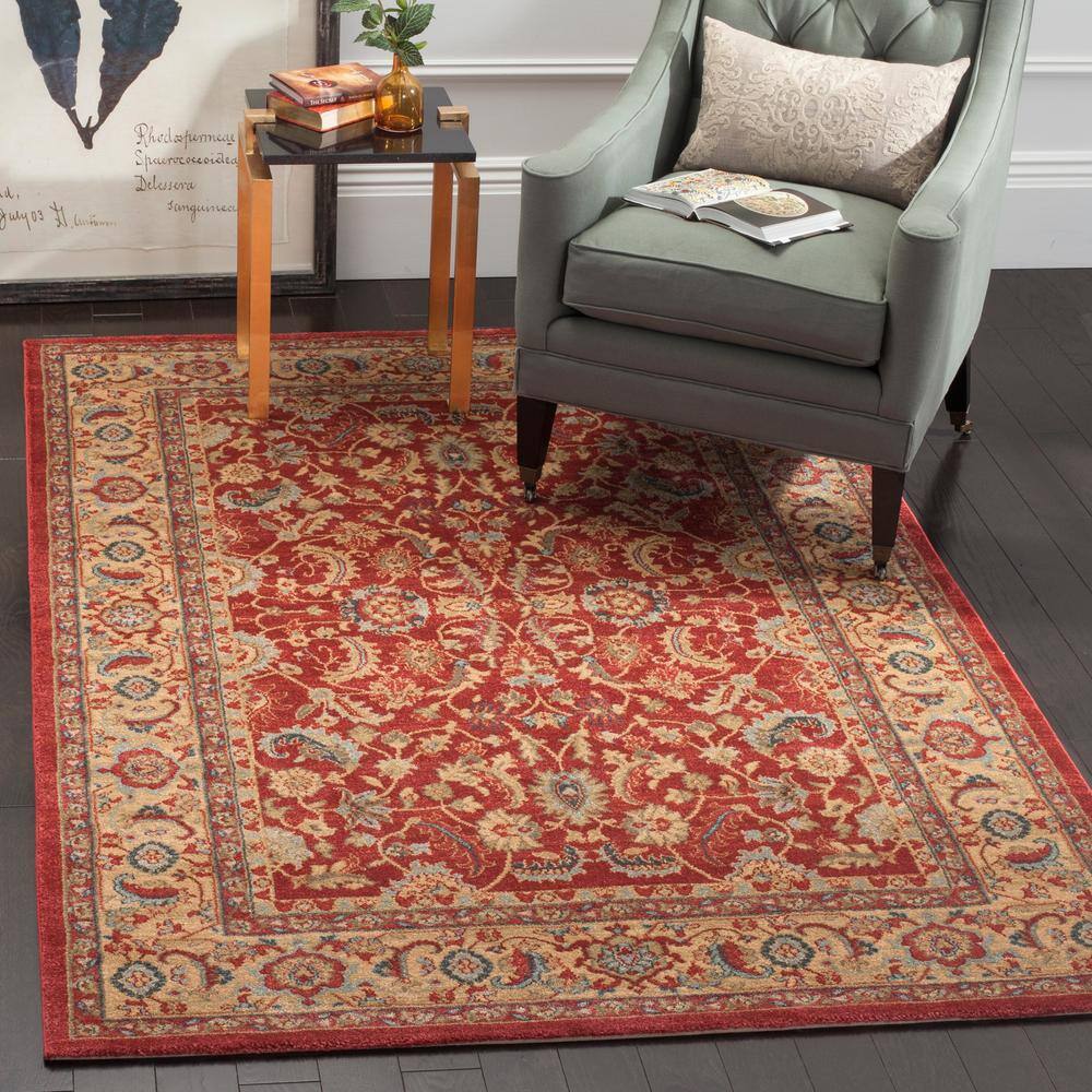 Red and Natural Rectangular Synthetic Persian Area Rug