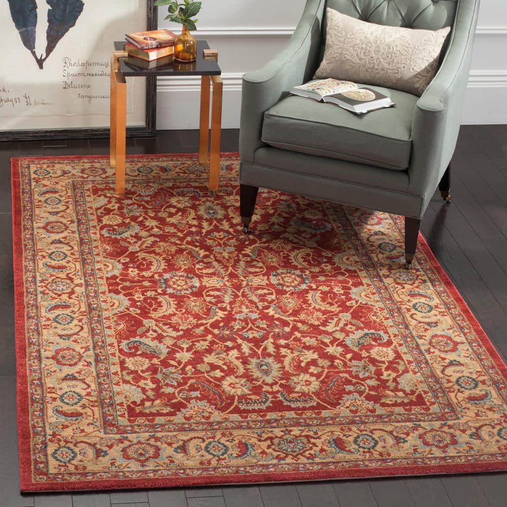 Red and Natural Rectangular Synthetic Persian Area Rug