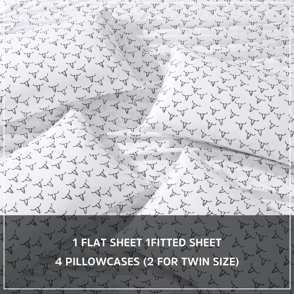 Queen White Floral Print Microfiber Sheet Set