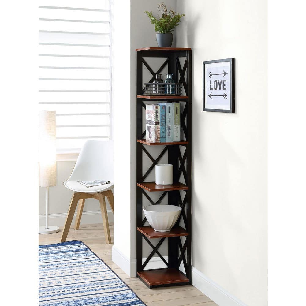 Elegant Oxford Cherry & Black Corner Bookcase with 5 Tiers