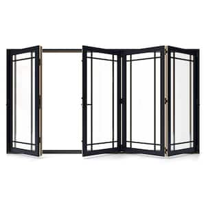 W5500 124 in. x 80 in. Black Left Hand/Outswing Aluminum Clad Wood 4-Panel Prehung Folding Patio Door w/9-Lite grid