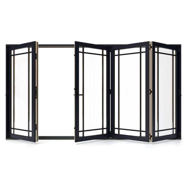 JELD-WEN W5500 124 in. x 80 in. Black Left Hand/Outswing Aluminum Clad Wood 4-Panel Prehung Folding Patio Door w/9-Lite grid