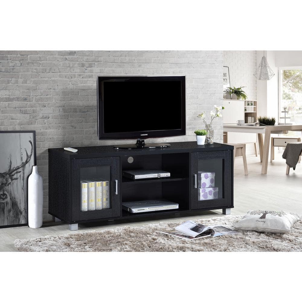 Charcoal Black 57" Entertainment Center with Transparent Cabinet Doors