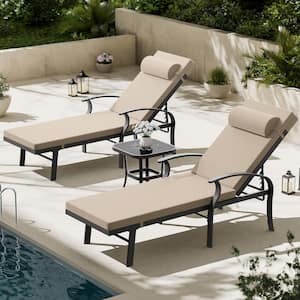 3-Piece Aluminum Outdoor Chaise Lounge with Glass Table, Armrest and Cushion Sand