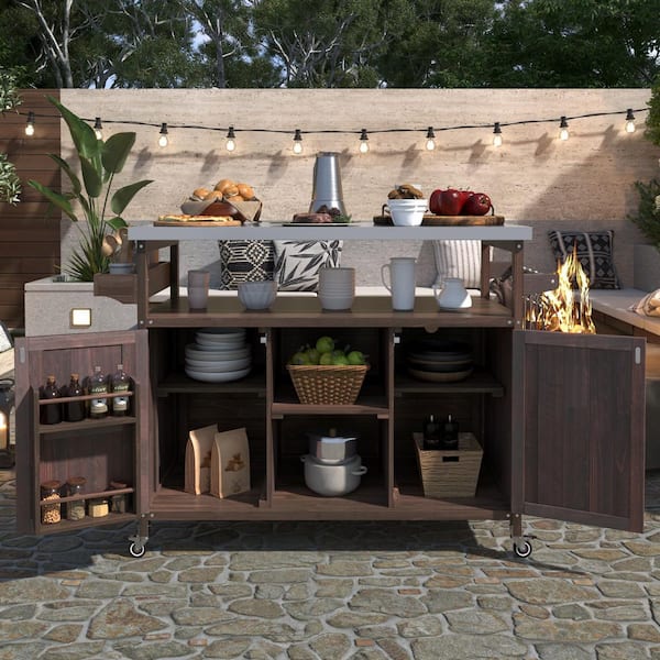 Farmhouse Dark Brown Stainless Steel 50 in. Outdoor Patio Grill Table Bar Cart Kitchen Island with Internal Storage Rack