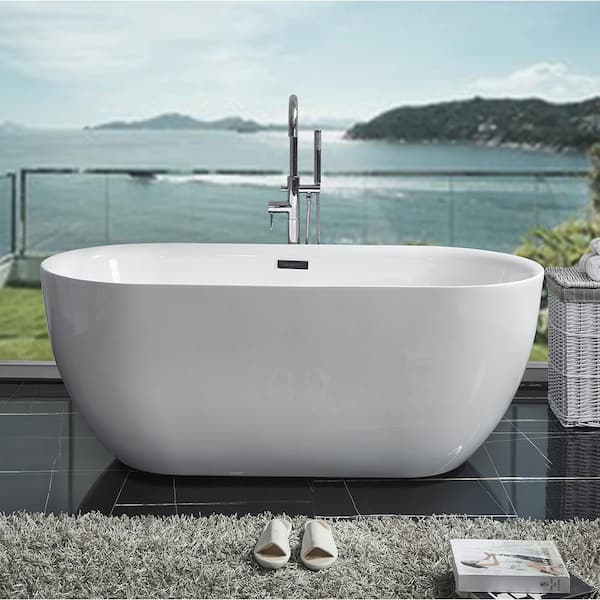 59 in. x 28.34 in. Acrylic Oval Shaped Freestanding Flatbottom Non-Whirlpool Soaking Bathtub with Center Drain in White