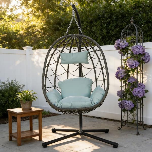1-Person Egg Swing Chair Gray Steel Outdoor Patio Hanging Chair with Green Cushion