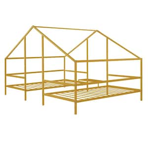 Gold Metal Twin Size Double Triangular House Beds with Built-in Table