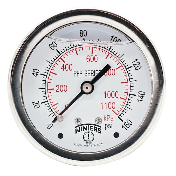 Winters Instruments PFP Series 2.5 in. Stainless Steel Liquid Filled Case Pressure Gauge with 1/4 in. NPT CBM and Range of 0-160 psi/kPa