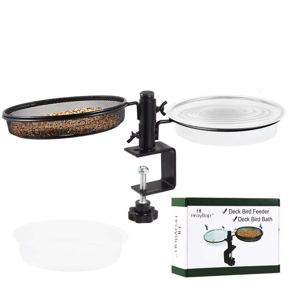 Heavy Duty Deck Bird Feeders with Metal Mesh Tray and 2 Water Bowls, Clamp 