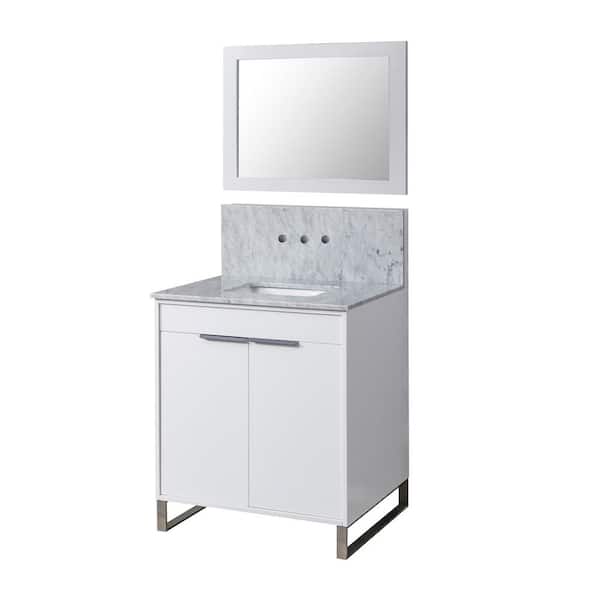 Direct vanity sink Luca Premium 32 in. W x 25 in. D x 36 in. H Single Bath Vanity in White with White Carrara Marble Top and Mirror
